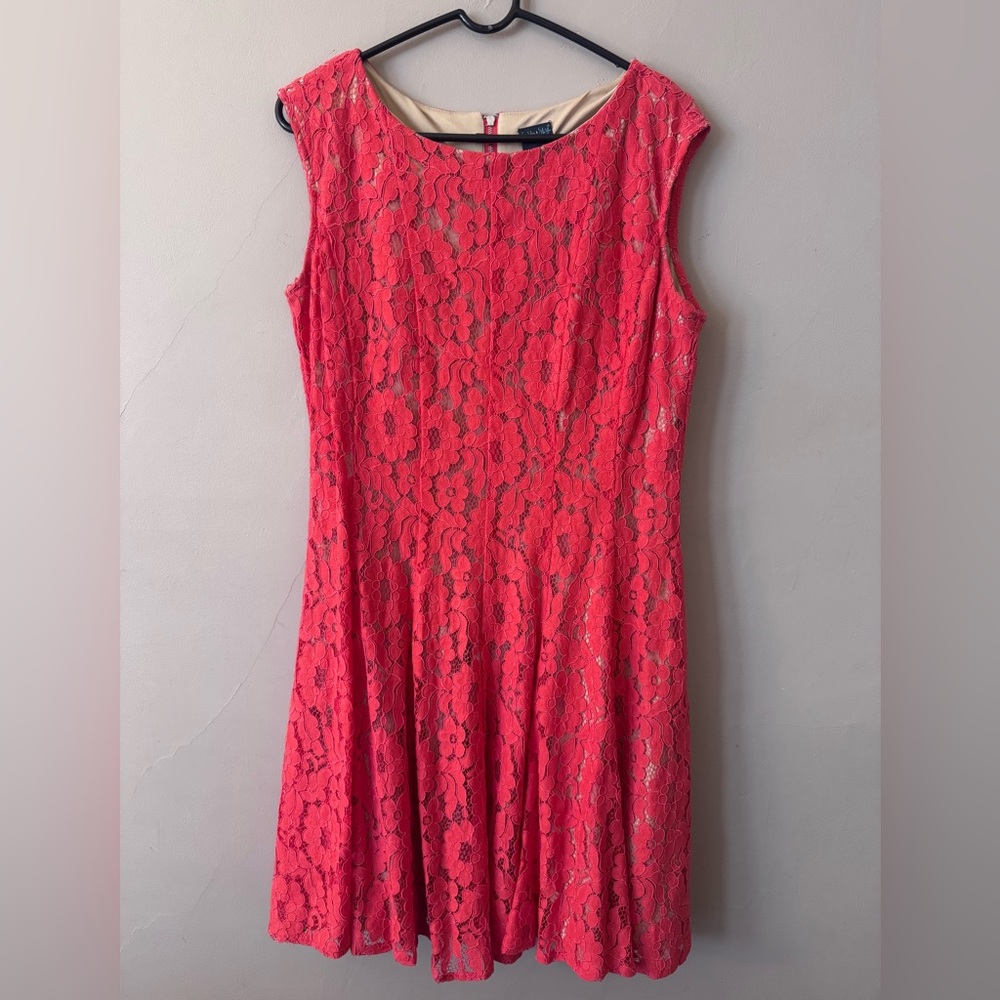Gabby Skye Coral Pink Lace Midi Dress